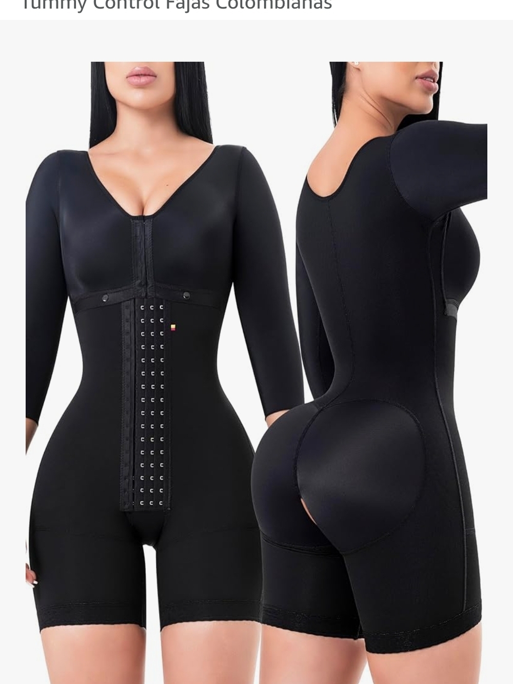 Women’s 100% Colombian Faja Black Full Body Shapewear Bodysuit with Arm Coverage